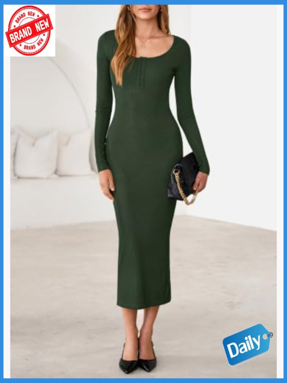 Long Sleeve Bodycon Maxi Dress Crew Neck Button Down Side Slit Knit - Picture 5 of 7